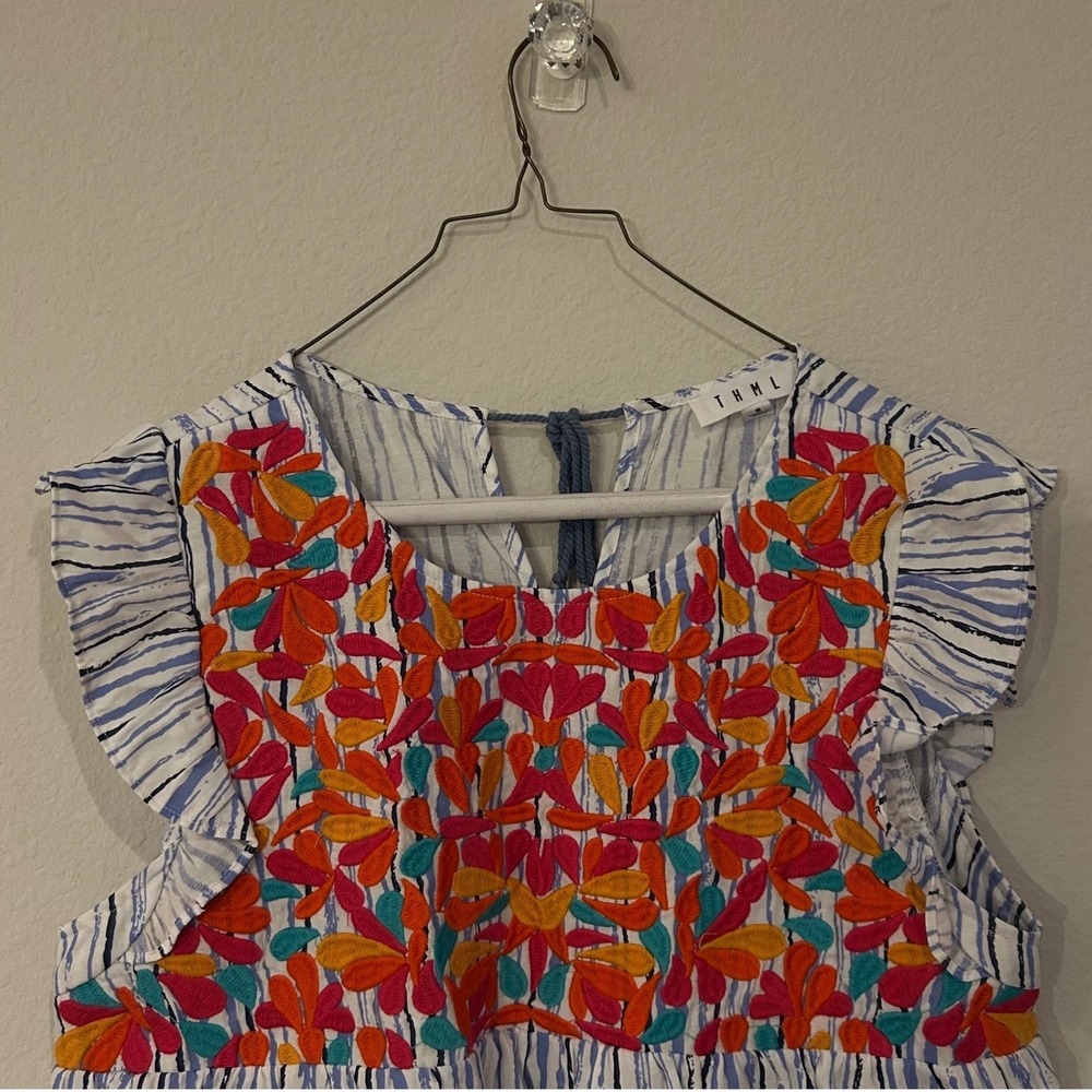 THML Small Embroidered Babydoll Top Blue Stripe Flutter Sleeve Boho Peasant - Picture 4 of 11